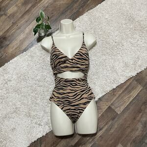 Aerie Tiger Striped Cutout V-Neck Wrap Around Full Coverage One Piece Swimsuit